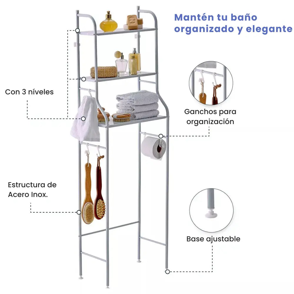 Estante de baño con 3 níveles, ganchos para organización, estructura de acero inoxidable, base ajustable