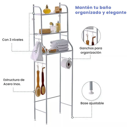 Estante de baño con 3 níveles, ganchos para organización, estructura de acero inoxidable, base ajustable