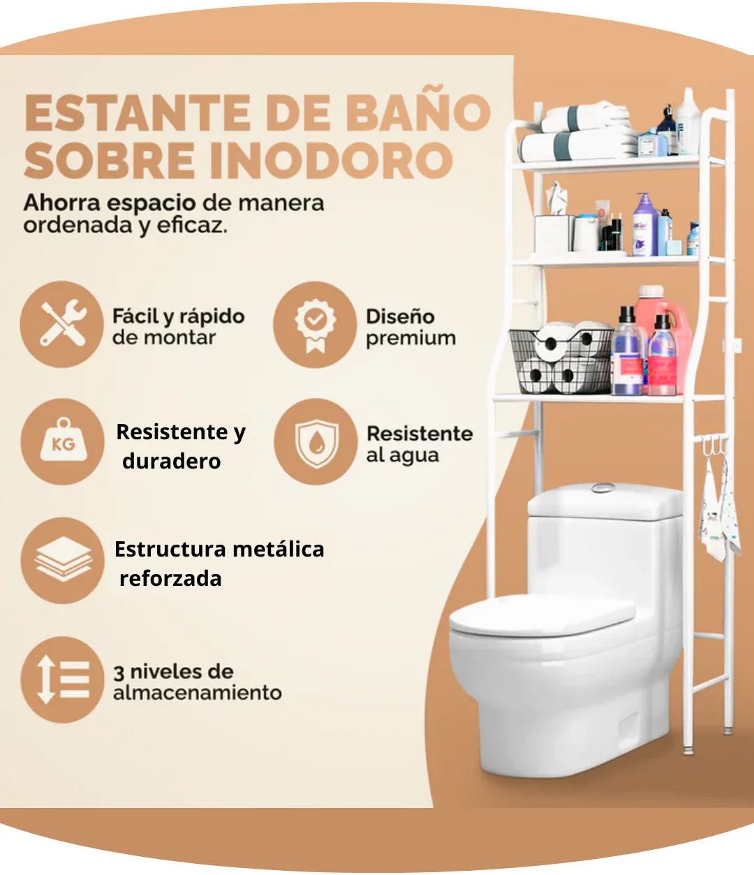 fácil y rápido de montar, resistente y duradero, estructura metálica reforzada, 3 niveles de almacenamiento, diseño premium, resistente al agua